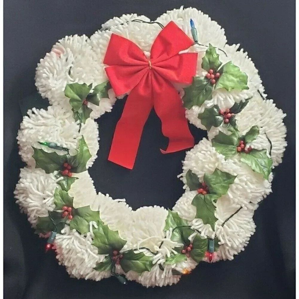 Vintage 1960s Christmas 16" Pom Pom Wreath Lighted Handmade Holly Bow Grandma